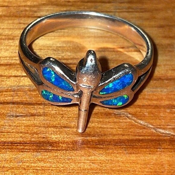 Sterling Silver Dragonfly Blue Inlaid Opal Ring Womens Size 9.75 - Picture 3 of 10